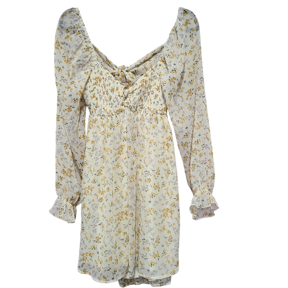 Thirty Thirty LA Floral Smocked Mini Dress Yellow White Puff Sleeve